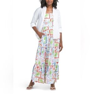 CYNTHIA ROWLEY Foliage 2pc Linen Blend Maxi Dress With Oversized Shirt Sz Small